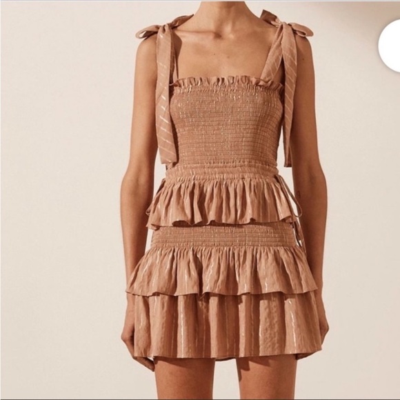 House of Harlow 1960 Dress Corinne Shirred Brown Ruffle Mini, Womens Size Large - Picture 9 of 12